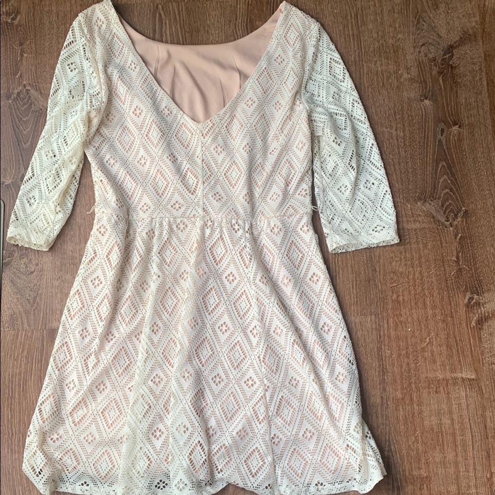 Lily Rose White and Pink Fit and Flare Dress with Cuffed 3/4 Sleeves